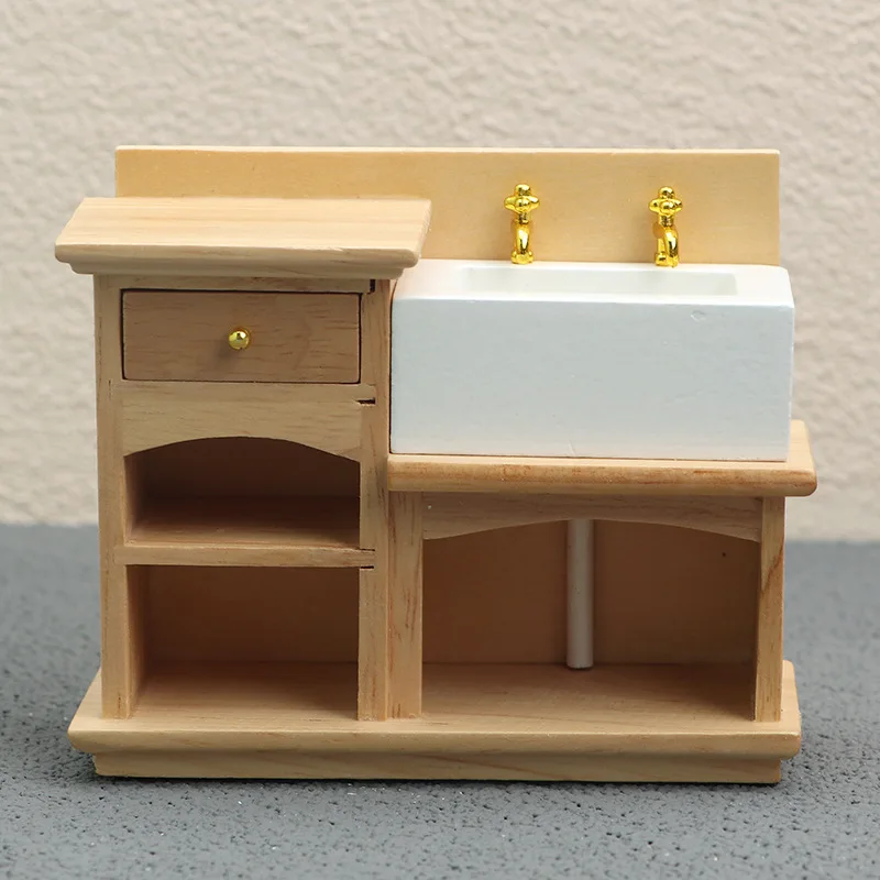 1:12 Scale Dollhouse Miniature Furniture Model - Natural Wooden Hand Wash Sink with Realistic Details, Ideal for Creating Cozy B