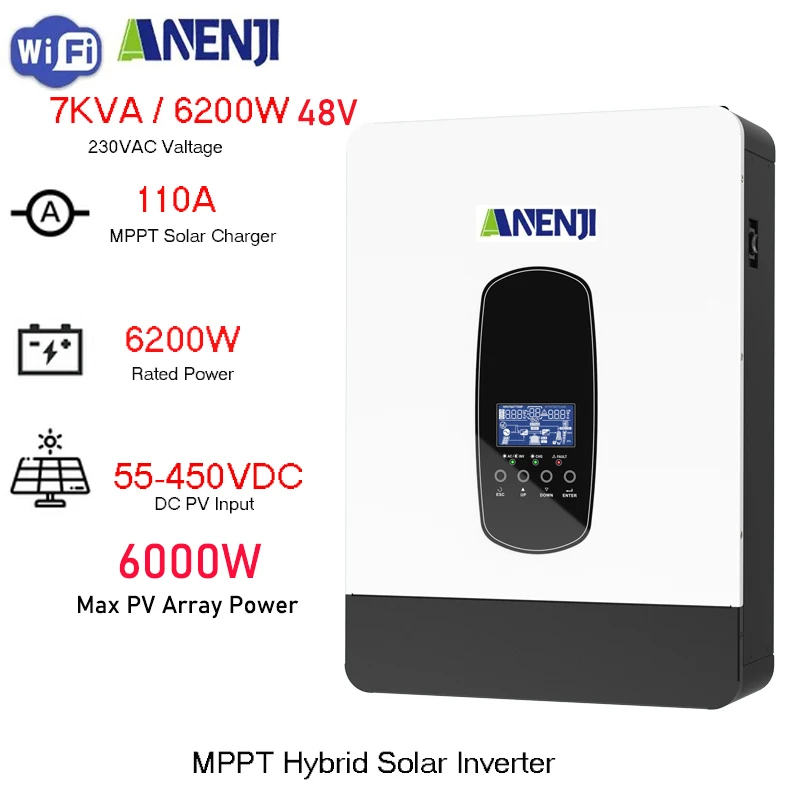 Hybrid Solar Inverter 6.2KW 48V 220V Pure Sine Wave Inverter Off Grid Inversor PV 55-450V 110A MPPT Solar Charger Support BMS