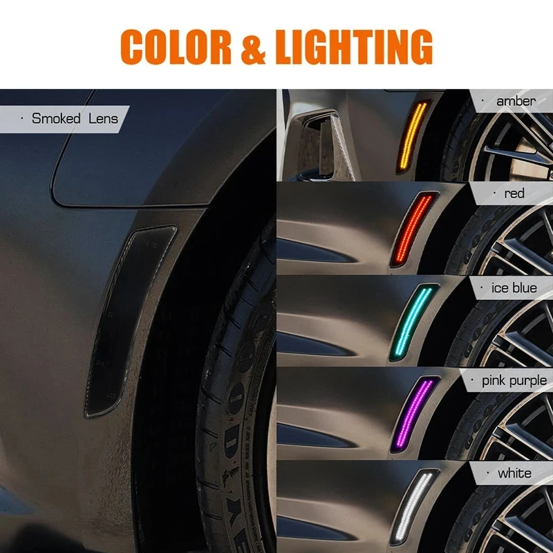 4pcs Smoked Lens Front Rear Fender LED Multi-Color RGB Side Marker Bumper Light for Chevrolet Camaro LS LT SS ZL1 2016-