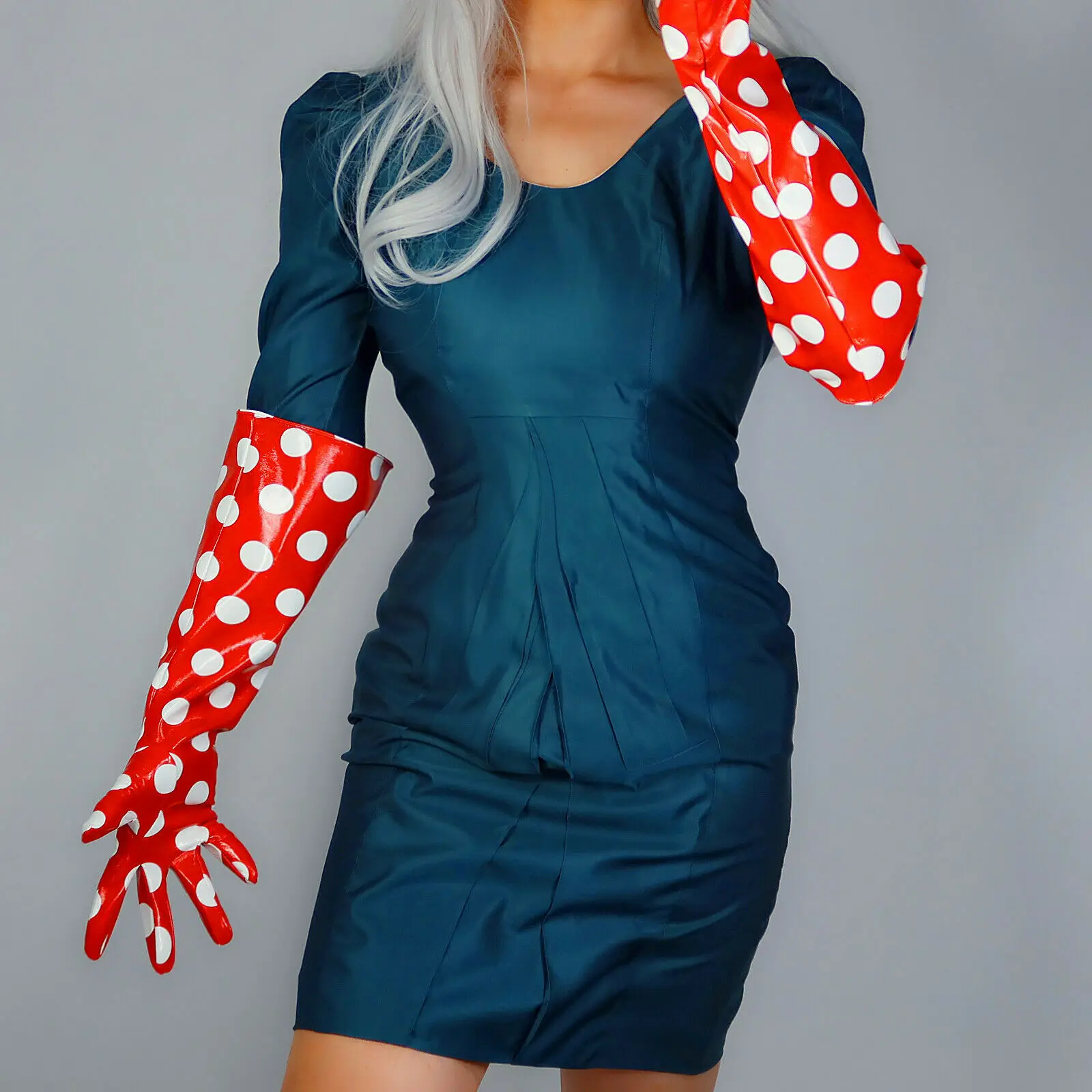 

DooWay Polka Dot Red GLOVES Wide PUFF SLEEVES LATEX LONG Faux Shine Patent Leather Christmas Cosplay Role-playing Glove