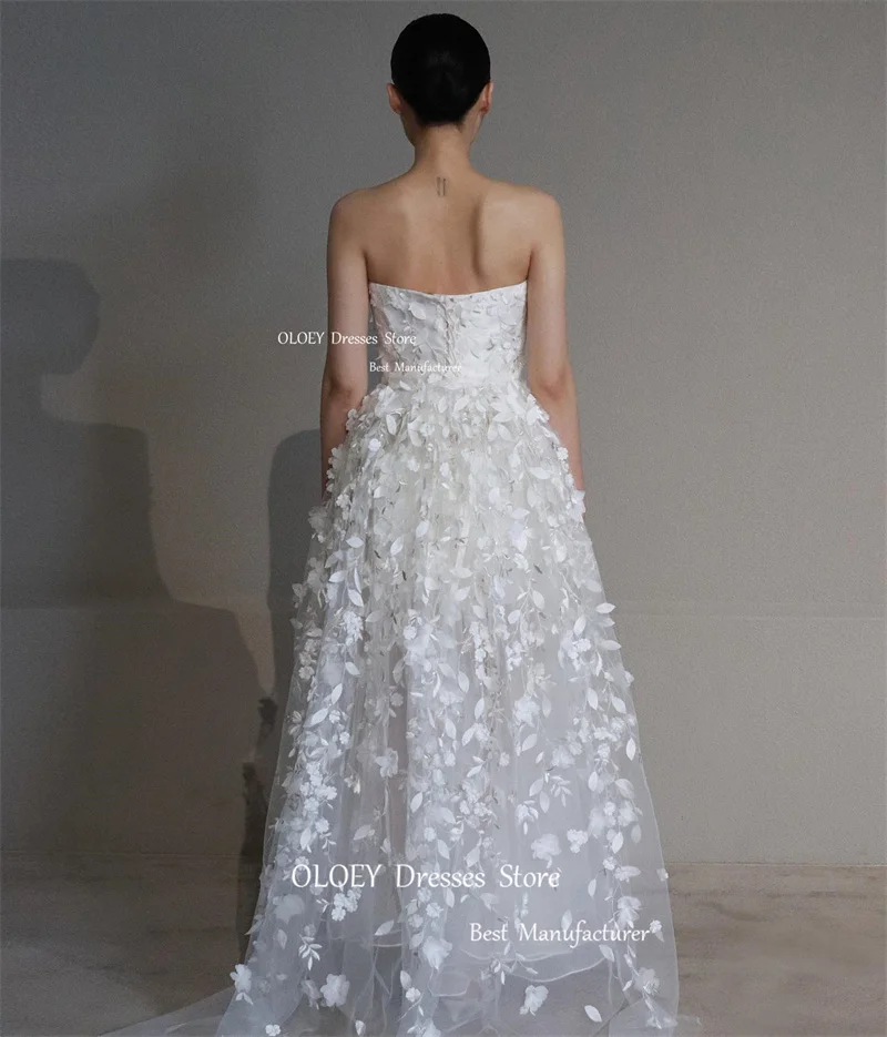 OLOEY Elegant Lace 3D Flowers A Line Korea Wedding Dresses Photoshoot Strapless Corset Back Bridal Gowns 2024 New