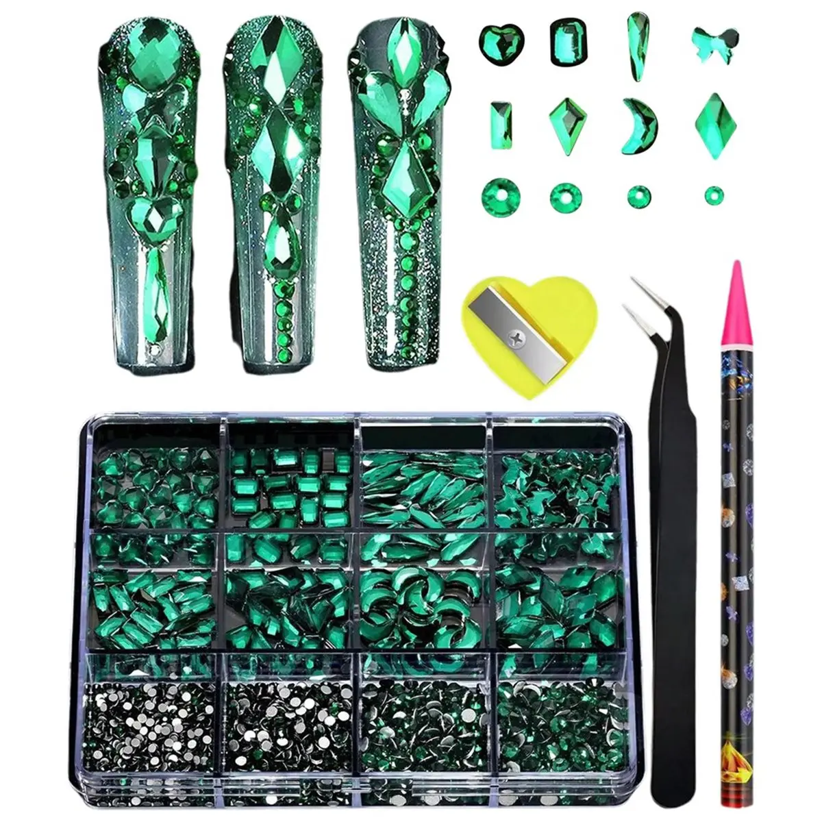 Promotional-Emerald Acrylic Sewn with Rhinestones, Suitable for Nail Art and Fashion Accessories.
