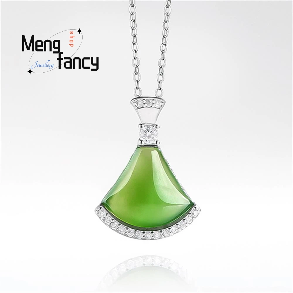 

Elegant Old Material Natural Hetian Jade Jasper Spinach Green Small Skirt S925 Silver Inlaid Pendant High-grade Fashion Jewelry