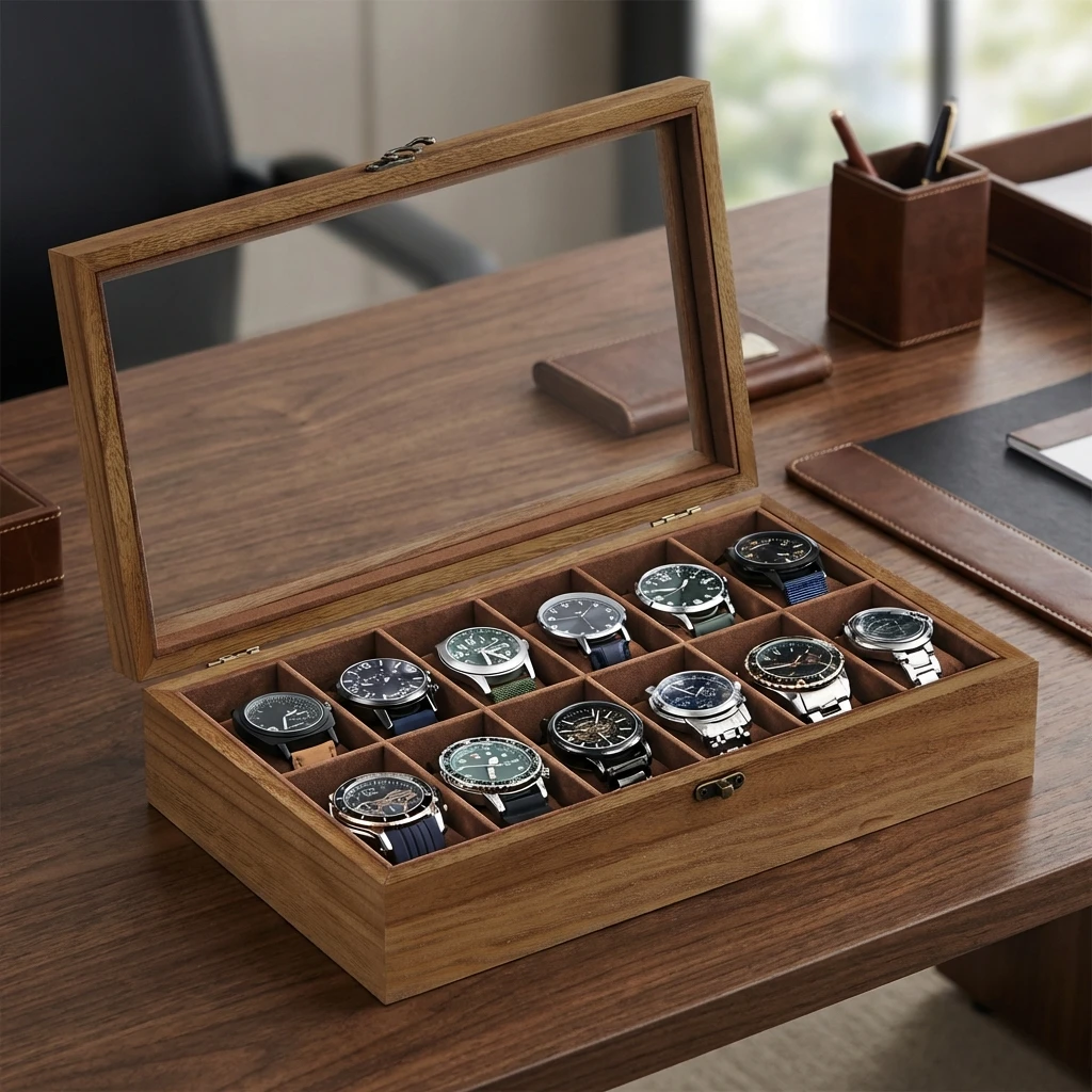 

Коробка для часов SONGMICS на 12 слотов, витрина для часов с большой стеклянной крышкой, съемными подушечками для часов, бархатной подкладкой