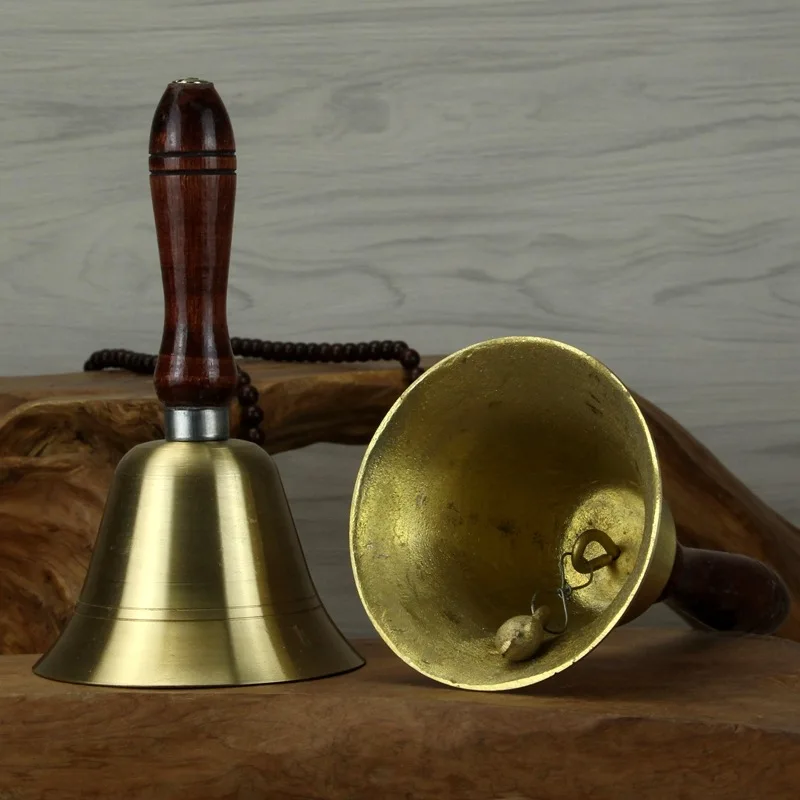 ✅Pure Copper Brass Wooden Handle Rattle Bell School Class Dinner Hand Bell Handbell 16cm Reception Bell Decor Buddhist Hall