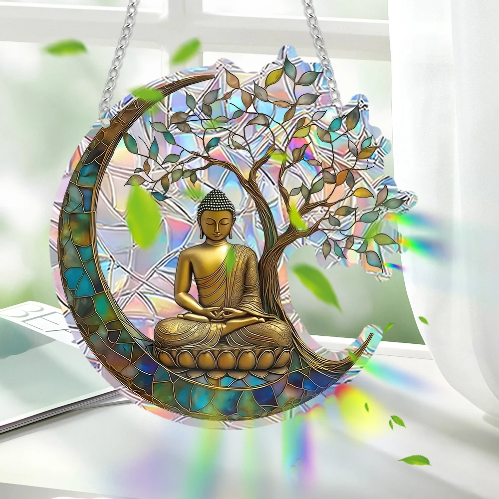 Moon Life Tree Meditation Monk Rainbow Maker Glass Acrylic Home Decoration Sun Catcher Chain Suspension