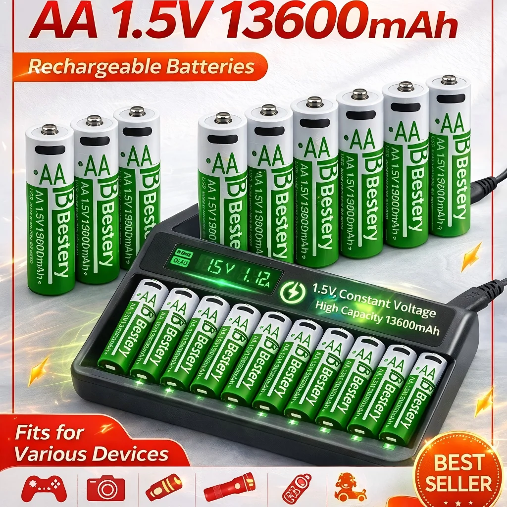 Bestely 1.5V 13600mAh USB AA Li-ion Rechargeable Battery, Fast Charging  , 2000 Cycle for Xbox Controller Toys Camera Flash