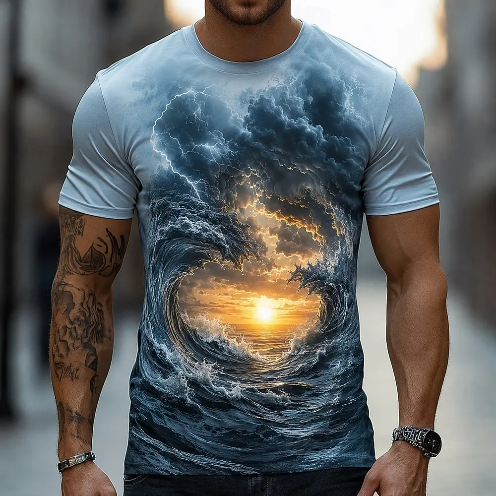 Men's Ocean Flame Motorcycle T Shirt Short Sleeve T shirt 3D Print Crew Neck Shirt Dark Casual Daily Street