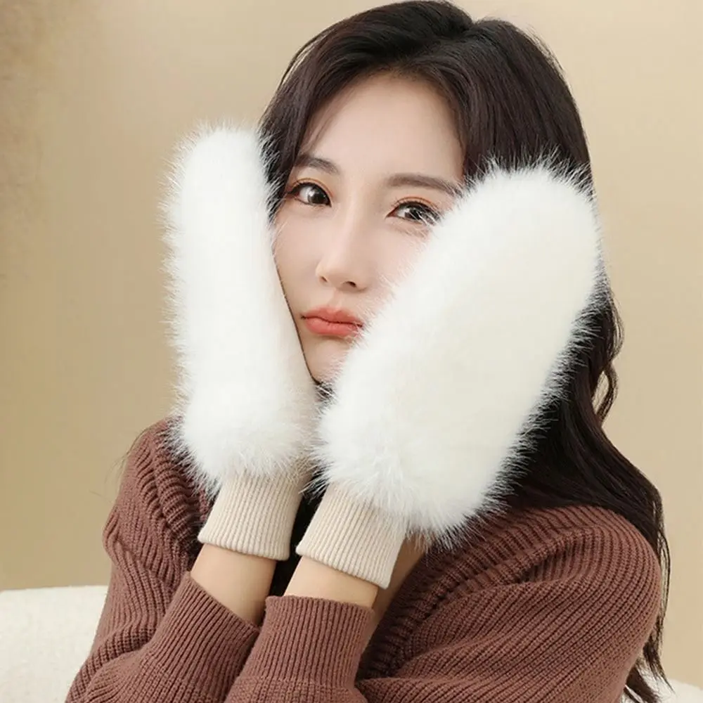Cute Imitation Rabbit Fur Windproof Gloves Thick Warm Soft Gloves Lining Full Fingers Winter Warm Gloves Cold Weather