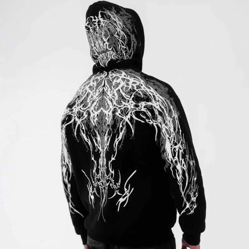 Moletom Masculino Moto Y2K Streetwear com Estampa Gráfica de Raios, Moletom com Capuz Feminino Gótico Punk, Ajuste Solto, Moda que Brilha à Noite