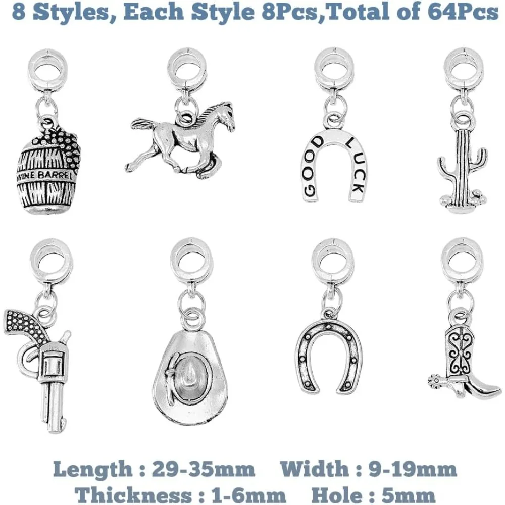 64Pcs 8 Styles Cowboy Theme Charms Horseshoes Horse Cactus Style Alloy Pendants Charms with Large Hole Antique Silve