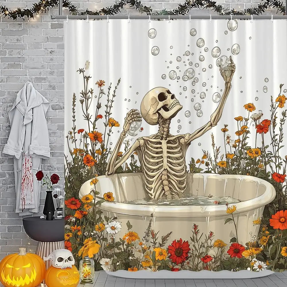 

Забавный скелет, цветочный занавес для душа, готический череп в ванне, пузыри, цветочные полевые цветы, сад, крутая кость, человеческая жуткая Хэллоуин