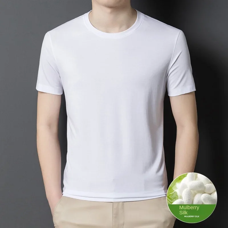 Mulberry Silk T-shirt Men\'s Short-Sleepy round Neck Korean-Style Slim-Fit Breathable Stretch High-End Solid Color Casual Top