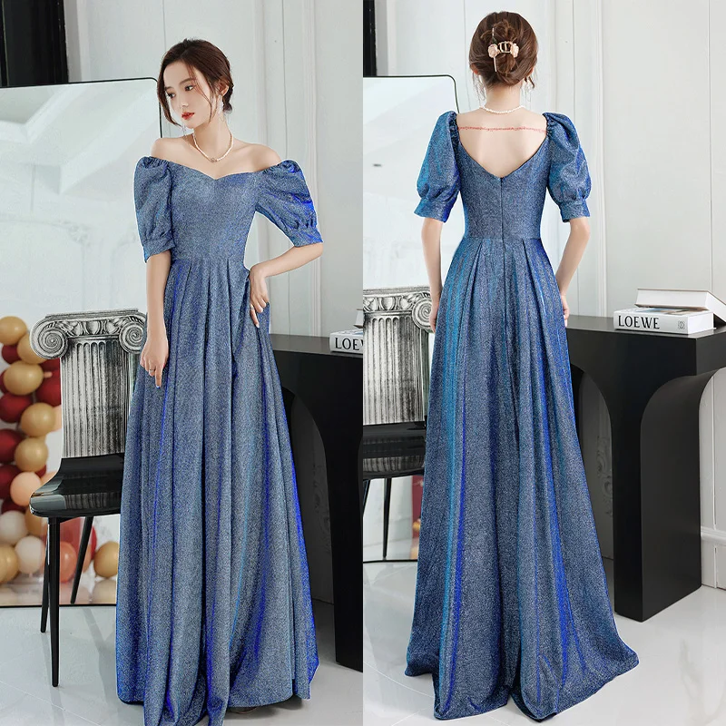 

It's Yiiya Blue Short Sleeves Pleat Floor-Length Zipper Back Sequins A-Line V-Neck Elegant Formal Dress Dress Woman Party A2840