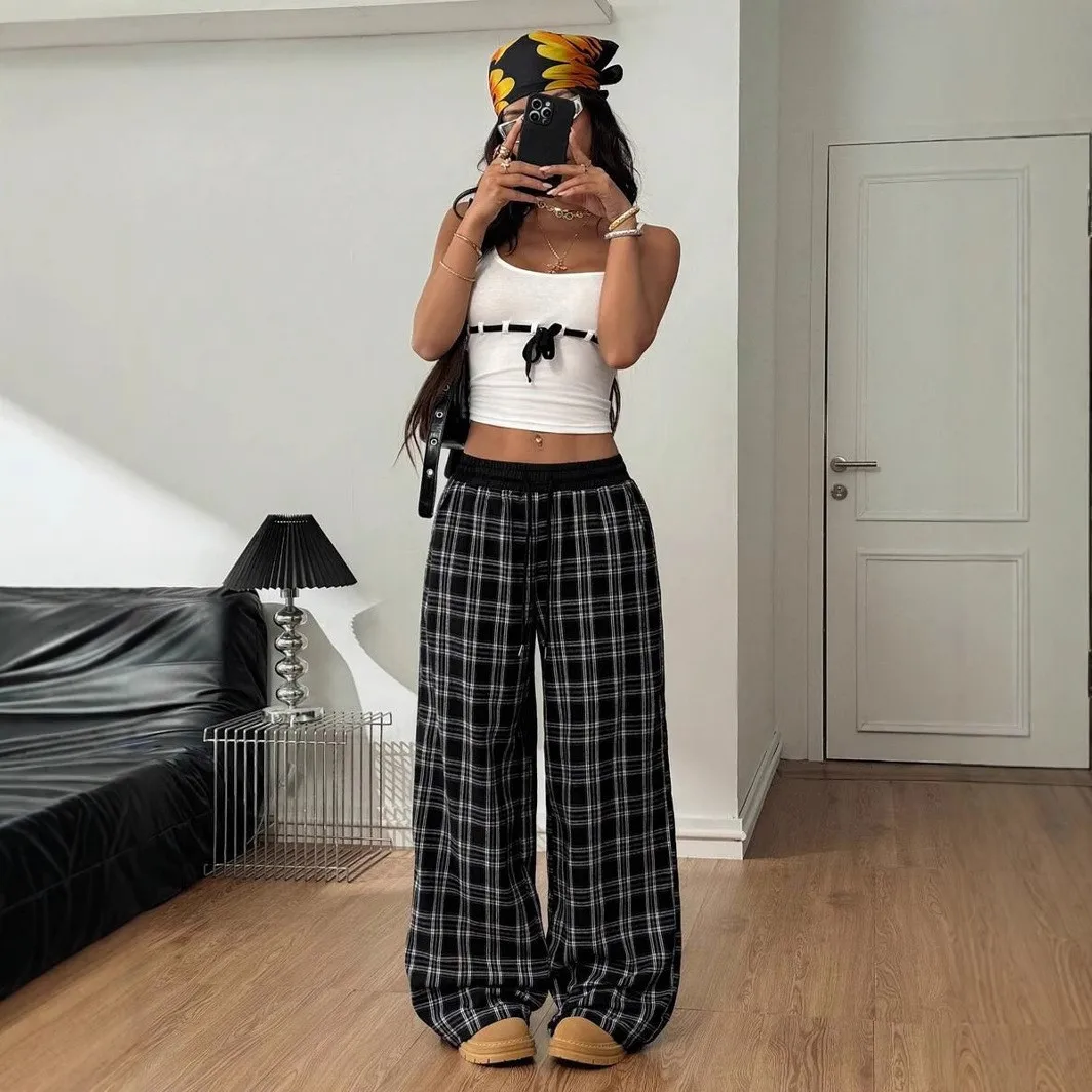 Southeast Asia Fashion Retro Loose Elastic Waist Home Checkered Pattern Casual Pants Women's Comfortable Loose Fit Trousers