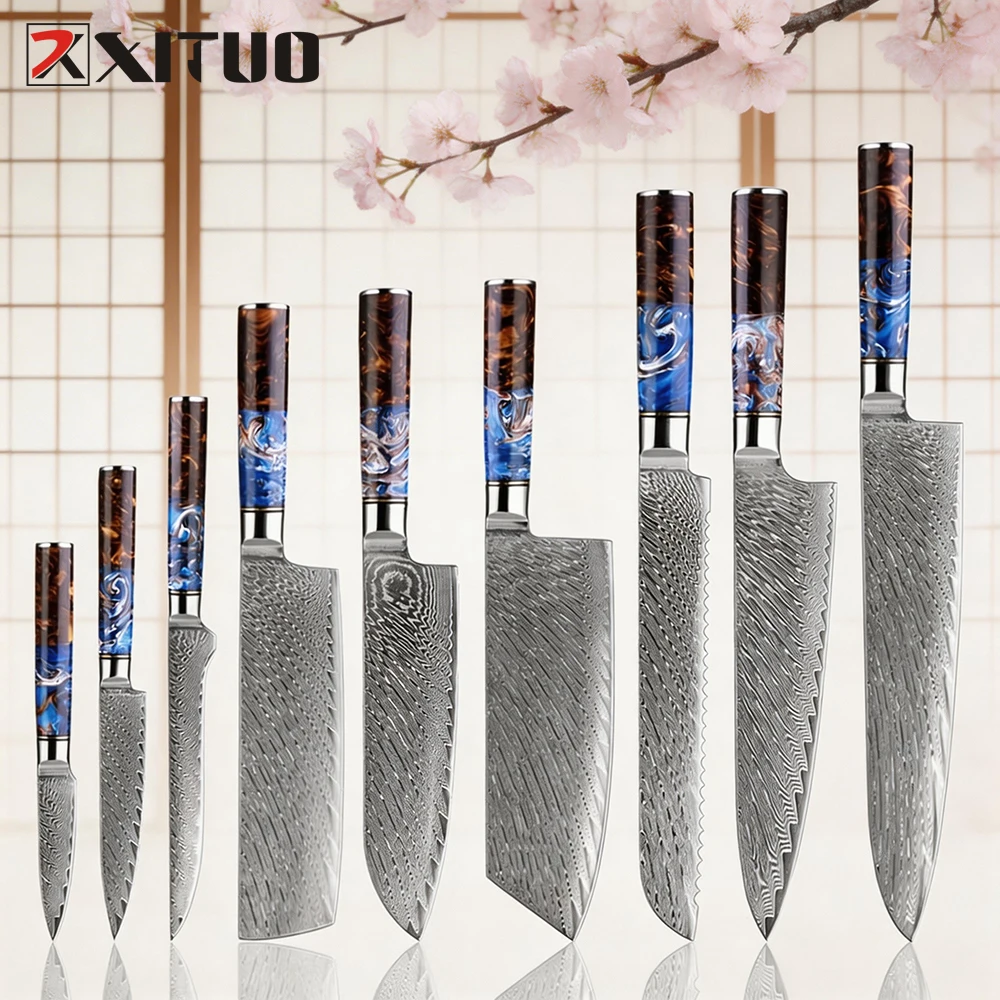 XITUO Hand-Forged Damascus Steel Kitchen Knife Japanese VG10 Chef Knife Sharp Household Cooking Knife Resin Stabilized Wood Hand