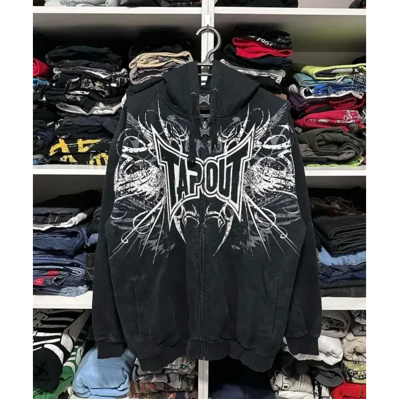 2025 NewTAPOUT invierno gótico patrón carta impresión sudaderas con capucha Harajuku Hip Hop suelta hombres con cremallera Sudadera con capucha Y2k Retro de gran tamaño mujeres AA