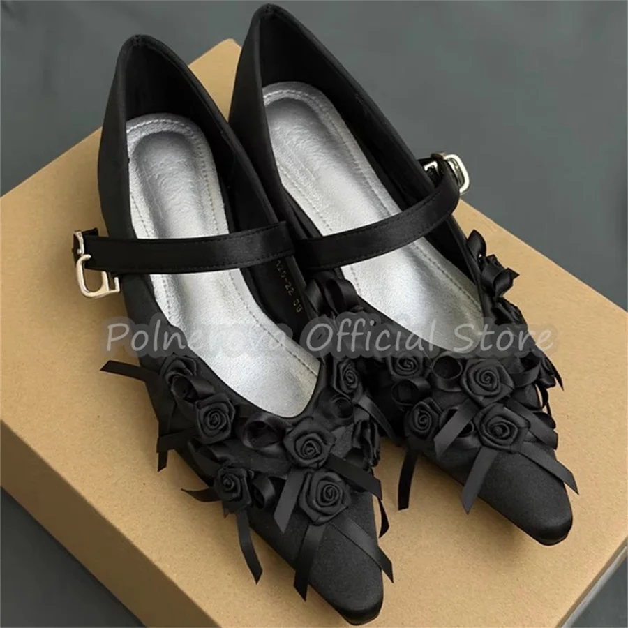 

Gothic Black Rose Decor One-Strap Women Mary Janes Pointed Toe Kitten Heels Shallow Satin Pumps Summer Outside Lady Dress Shoes