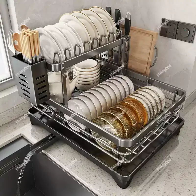 Stainless Steel Dish Drainer Rack Countertop Cutlery Plate Storage Organizer for Kitchen