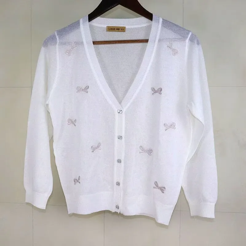 Womens Knitted Cardigan Embroidered Thin Sweater