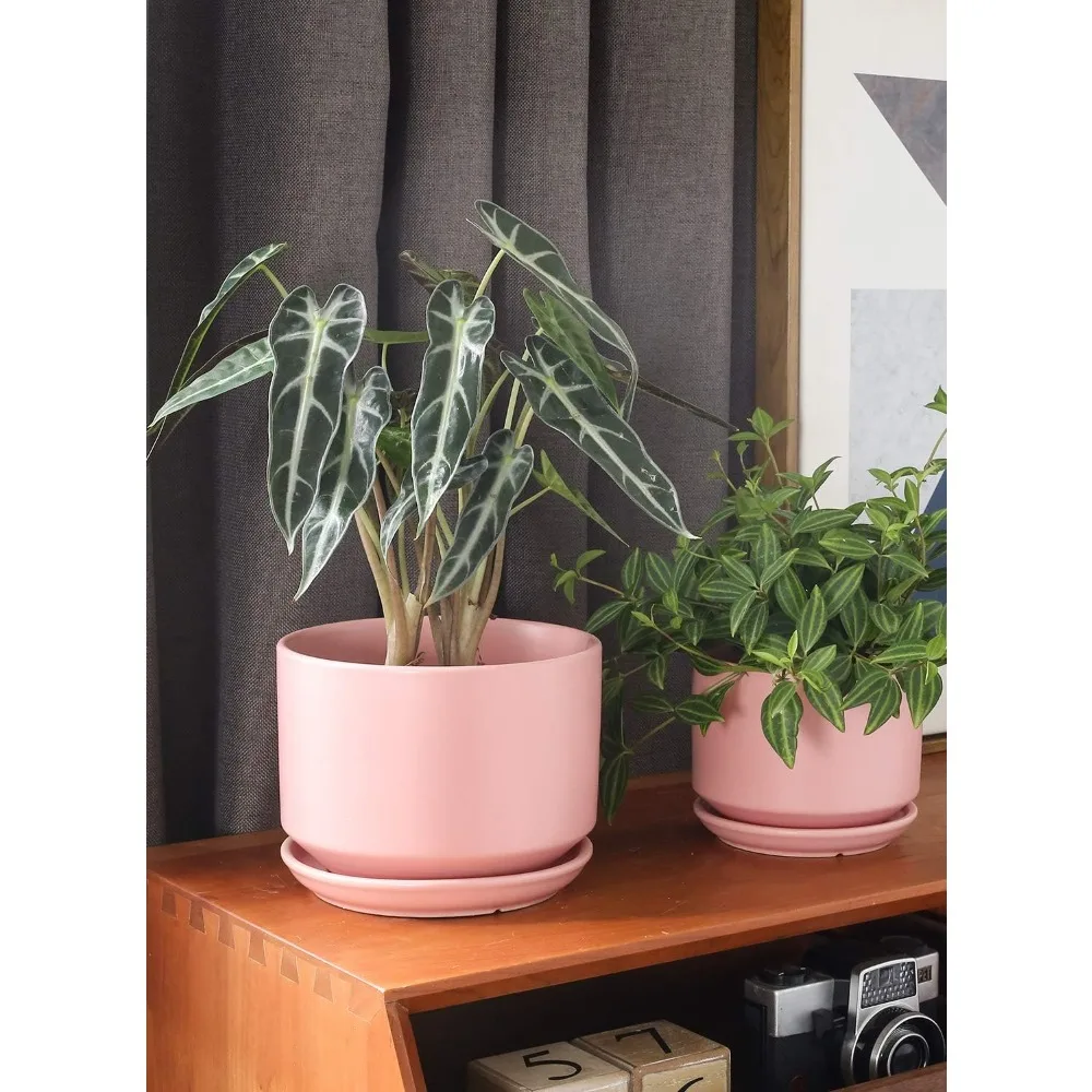 

Ceramic Plant Pots Set of 3 with Drainage Hole and Saucer, Indoor Flower Pots for Mom Gifts, Pink Home Decor