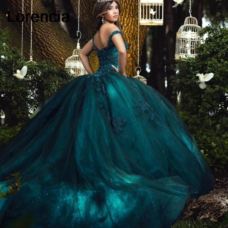 Lorencia Emerald Green Quinceanera Dress Ball Gown Sequins Lace Applique Beading Mexican Sweet 16 Vestidos De 15 Años YQD814