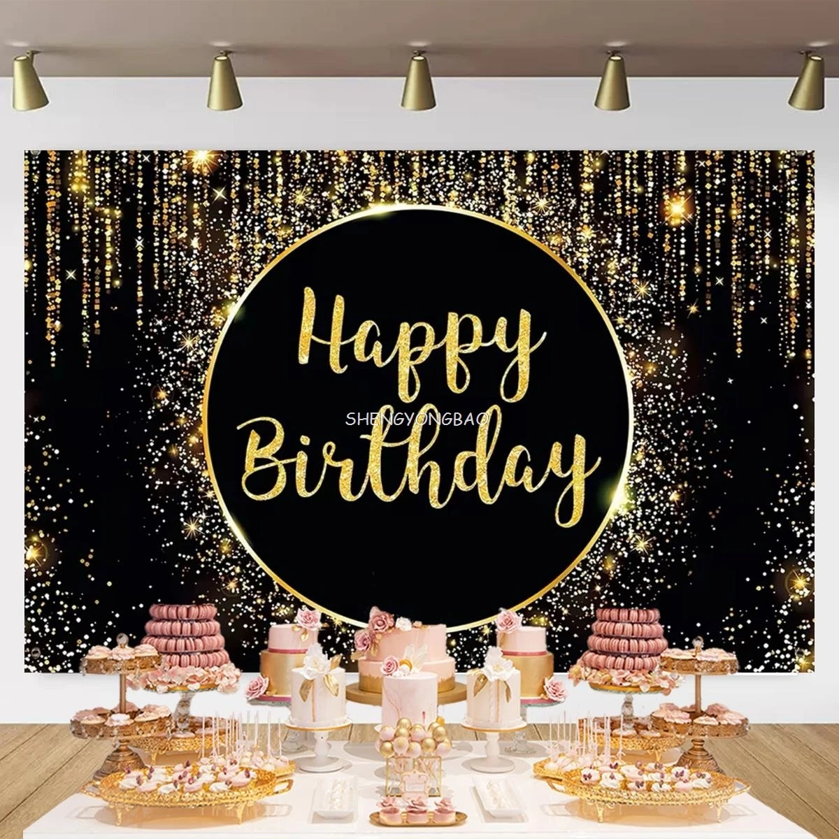 

Pink Black Gold Happy Birthday Backdrop Glitter Balloon Boys Girls Birthday Party Balloon Sparkle Photography Background JC-07