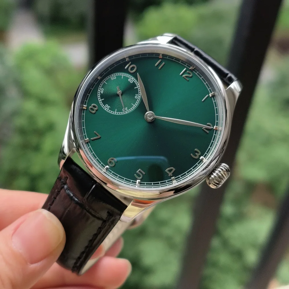 No logo 41mm Mechanical Hand Wind watch green dial Stereo silver number AR coated sapphire crystal Seagull ST3600 movement