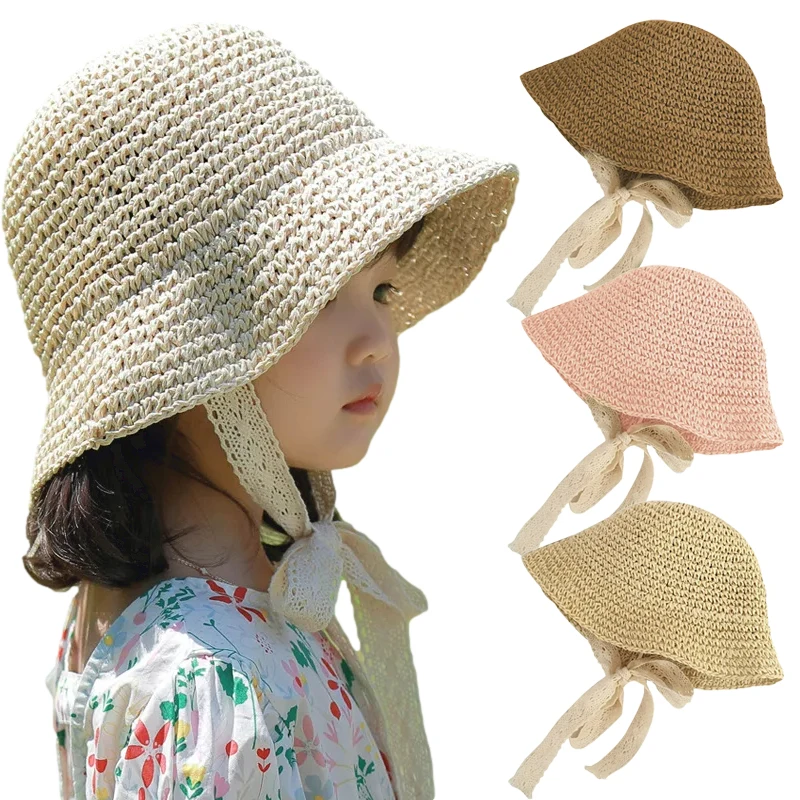 Baby Straw Bucket Hat for Girls Boys Summer Beach Travel Kids Hats with Adjustable Lace Windproof Rope  Fashion Accessories 2-6Y