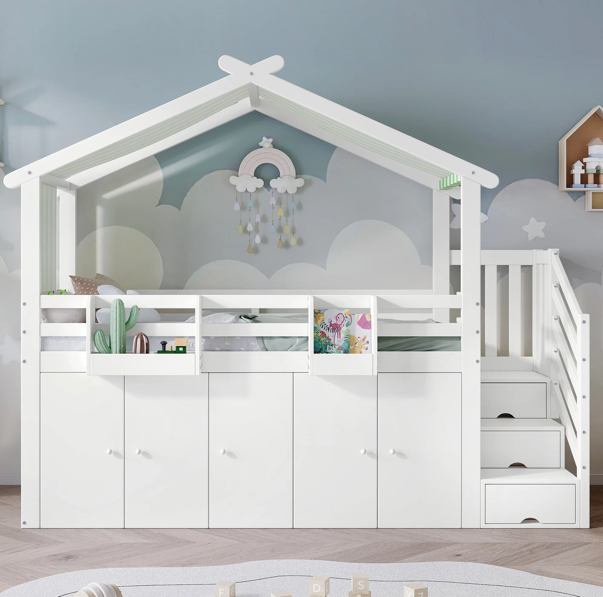 MODENUIT Stapelbed 90x200 cm – Met Dak en Veiligheidshek – Kast en 5 Opbergvakken – Voor Kinderkamer – Hout en MDF – Zonder matras – Wit en Groen