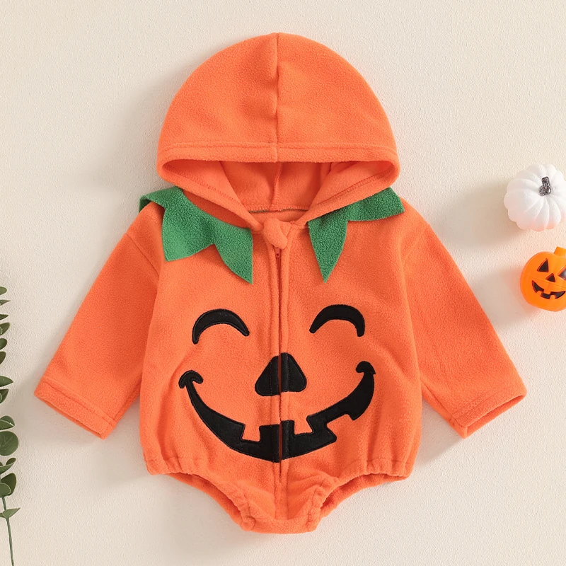 

VISgogo 0-18Months Baby Hooded Sweatshirt Romper Halloween Pumpkin Print Long Sleeve Bodysuits for Newborn Casual Clothes