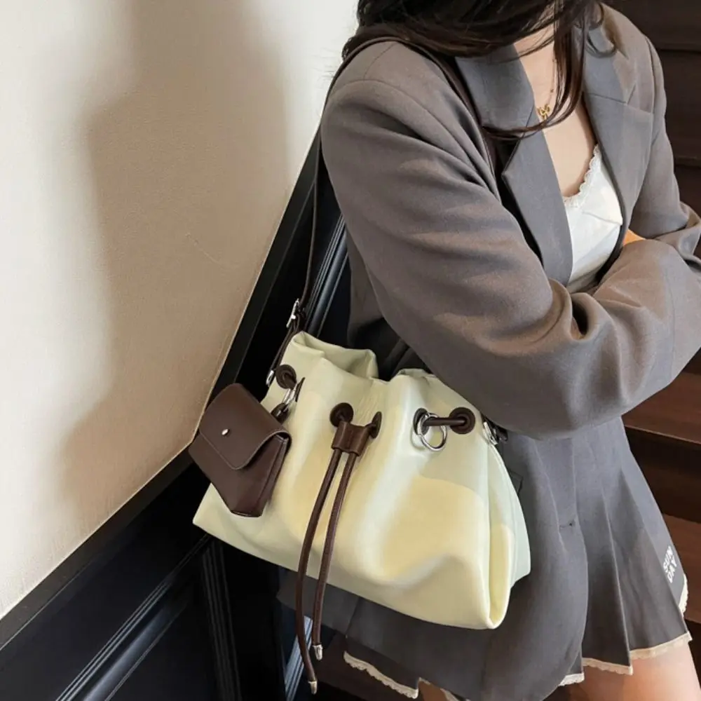 

Cute Korean Style Drawstring Bucket Bag Handbag Cylindrical Pu Shoulder Bag Handheld Solid Color Crossbody Bag Girls