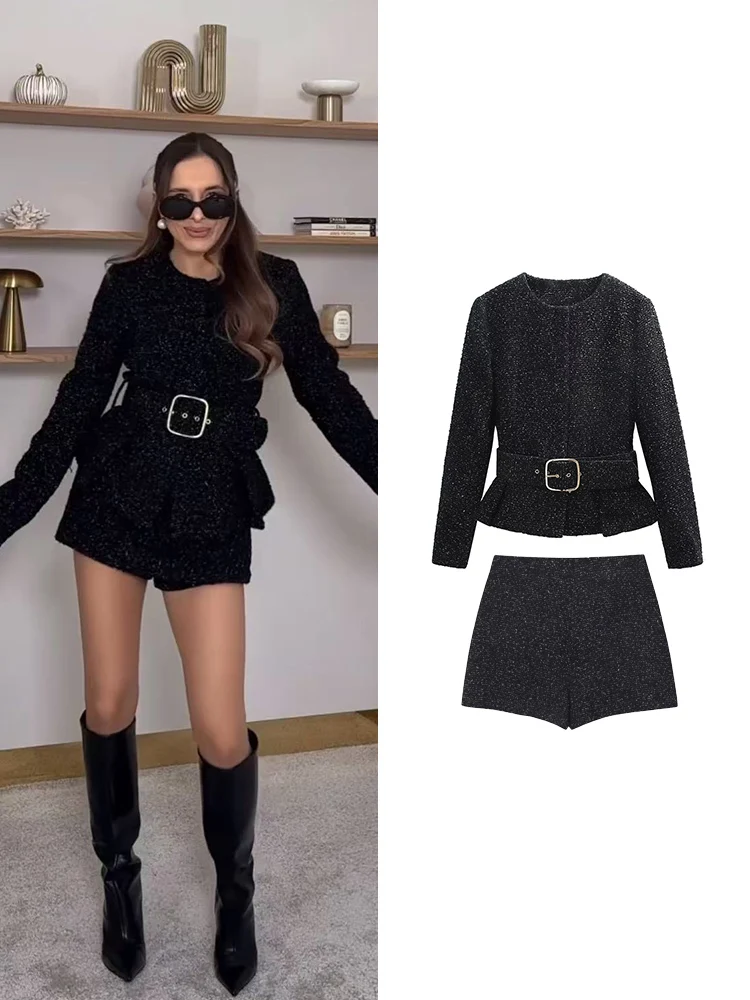2025 Autumn Winter Women's Shorts Skirts Set Fashion Elegant Round Neck Jacket Chic Sashes Coat Commuting Texture Outfits