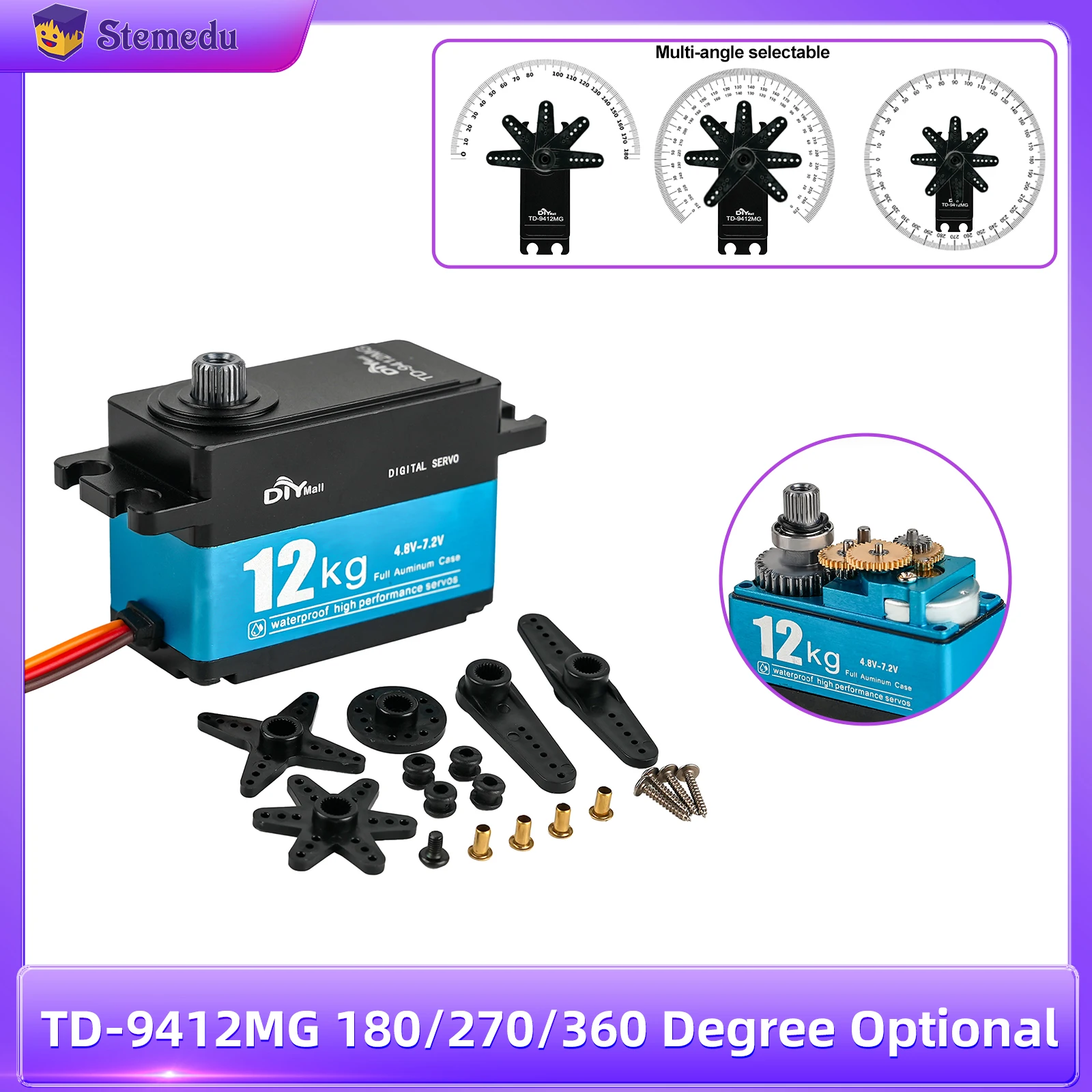 12KG Low Profile Digital Servo 7.2V Full Aluminum Shell Metal Gear 180/270/360 Degree Servo Motor for RC Car 1:8 1:10 Drift Cars