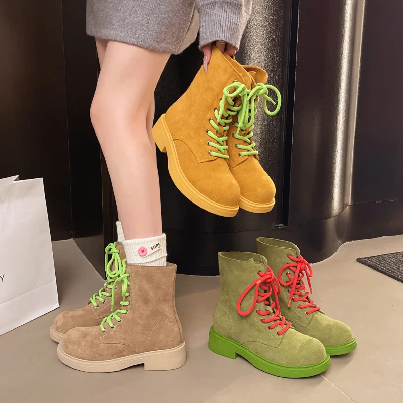 

Vintage Round Toe Candy Color Lace-up Short Boots for Women Height-increasing Non-slip Breathable Trendy Motorcycle Boots