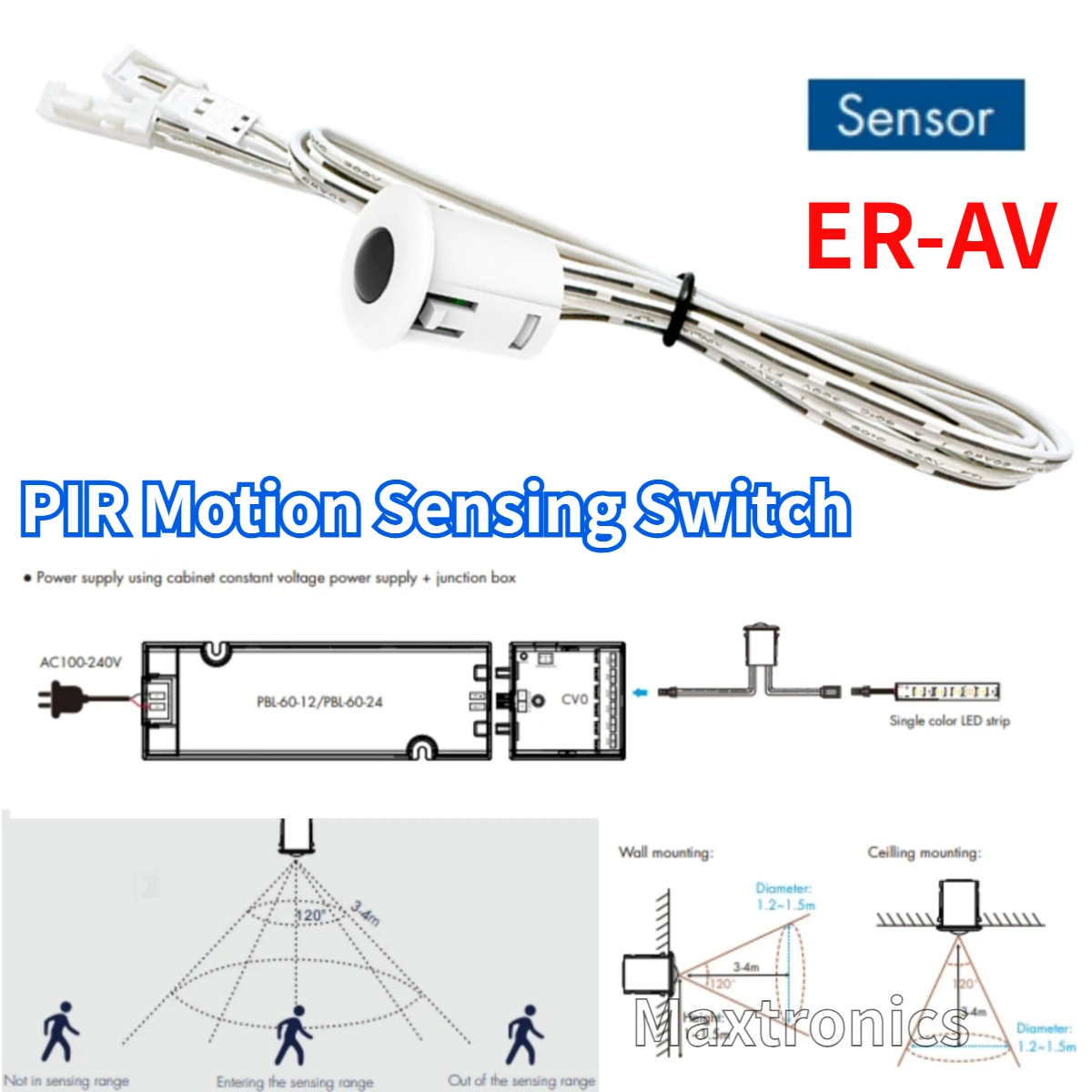 ER-AV Skydance PIR Motion Sensing Switch Dupont Interface Connect 5-24VDC for Low Voltage 5050 2835 Single Color LED Strip Light