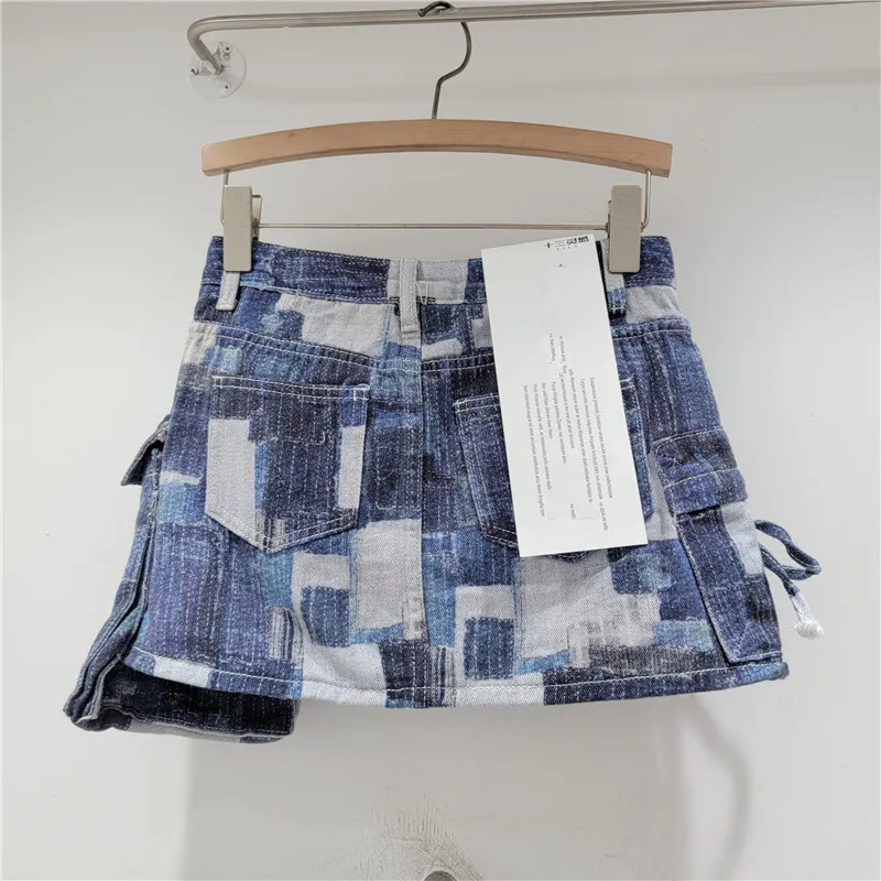 HKSH Spring Autumn New Women Denim Short Skirt Asymmetric Pocket A-Line Irregular Color Block American Retro Chic Skirts HK16818