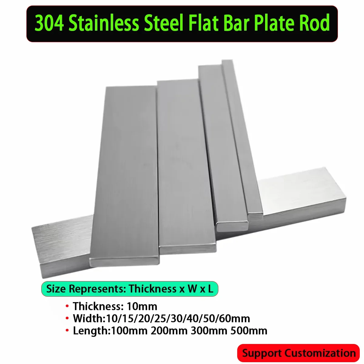 304 Stainless Steel Flat Bar/ Plate Rod Thickness 10mm Width 10/15/20/25/30/40/50/60mm Length 100mm 200mm 300mm 500mm