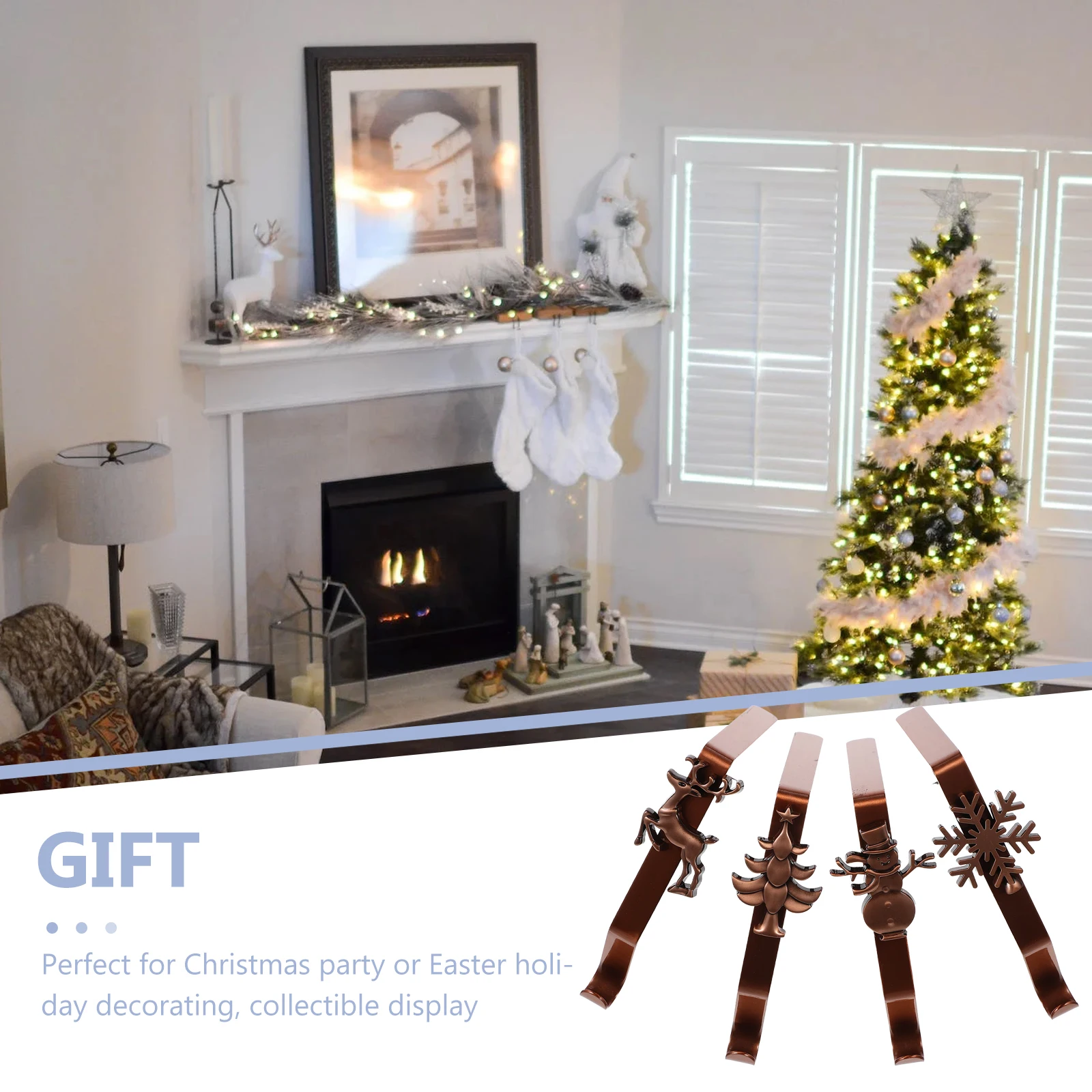 

4Pcs Christmas Stocking Holder Iron Pothook for Mantel Hanging Decorations Stockings Wreaths Bells Holiday Party Home Xmas