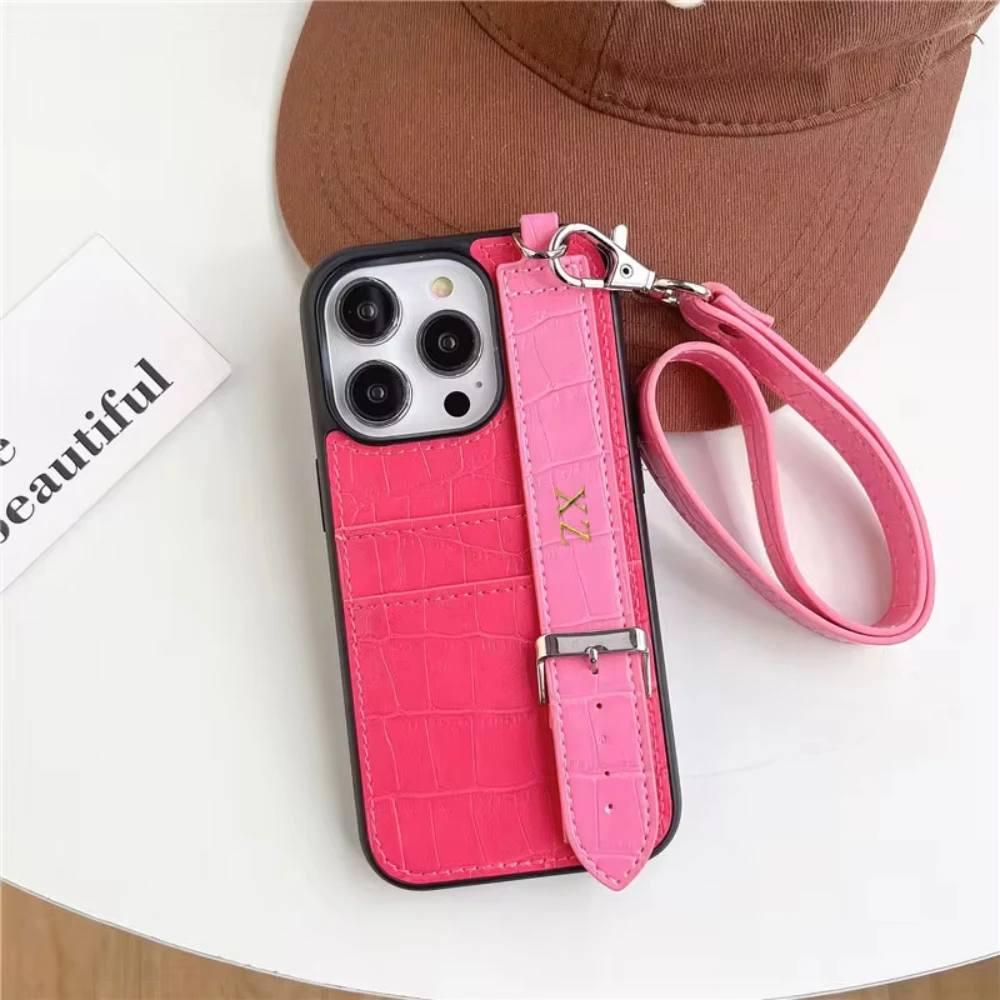Customized Gold Letters PU Leather Card Holder Cases For iphone 13 14 Pro Max 12 11 Pro Max14 plus Luxury Wrist Strap hard Cover