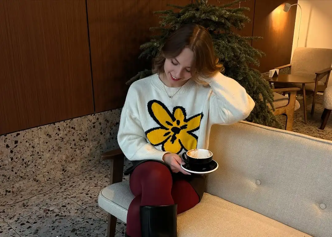 Casual flor kintted pulôver feminino chique em torno do pescoço manga cheia solta camisola curta senhora outono diário comute escritório pullovers