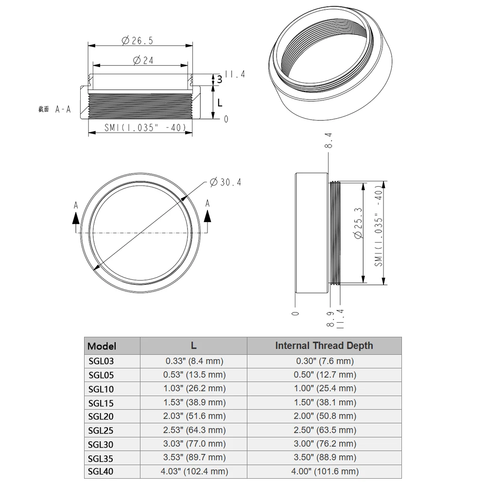 Manicotto per obiettivo maschio-femmina Tubo per obiettivo SM1 Ø1" Tubi per lenti impilabili Tipo di estensione Tubo per ombreggiatura Gabbia da 30 mm Sistema coassiale ottico
