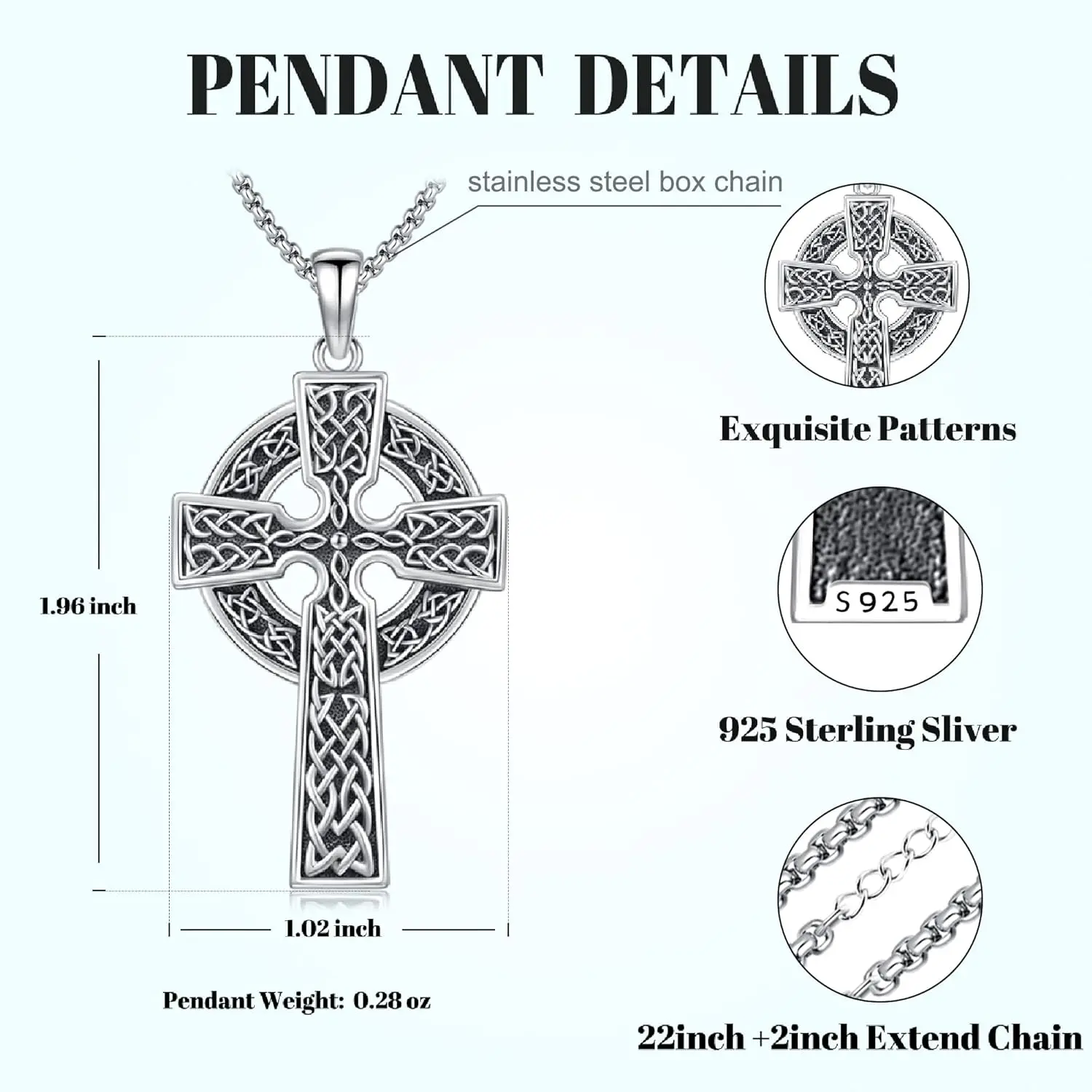 Celtic Cross Necklace for Men Women 925 Sterling Silver Celtic Cross Pendant Evil Eye Necklace Irish Trinity Knot Jewelry