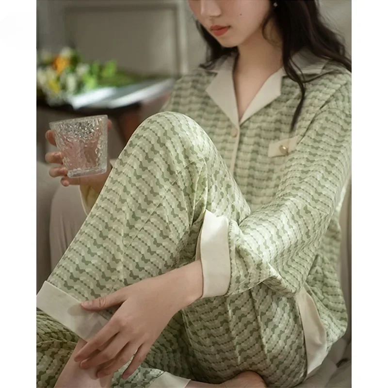 Women's Pajamas Suit Long-sleeved Long Pants Spring and Fall New Korean Fashion Elegant Green Single-breasted Sleepwear Homewear