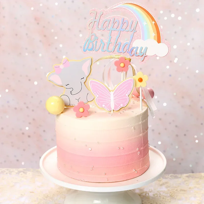 

Bow Elephant Cake Topper Golden Pink Butterfly Flower Cake Decoration Supplies Girl Baby Princess Birthday Party Cake Decor