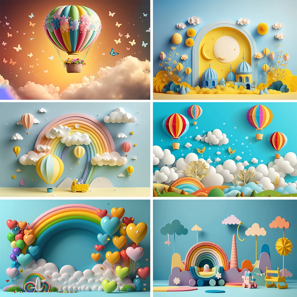 

Newborn Baby Portrait Backdrops 3D Air Balloon Cloud Boy Girl First Birthday Party Cake Smash Decor Background Photography Props