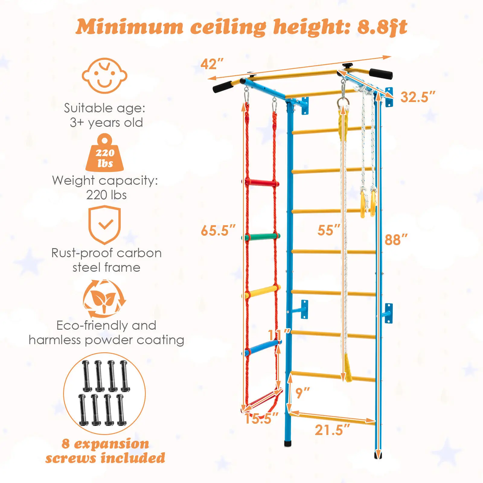 Costway 5 in 1 Kids Indoor Wall Gym Children Stall Bars Set Swedish Wall Ladder Home