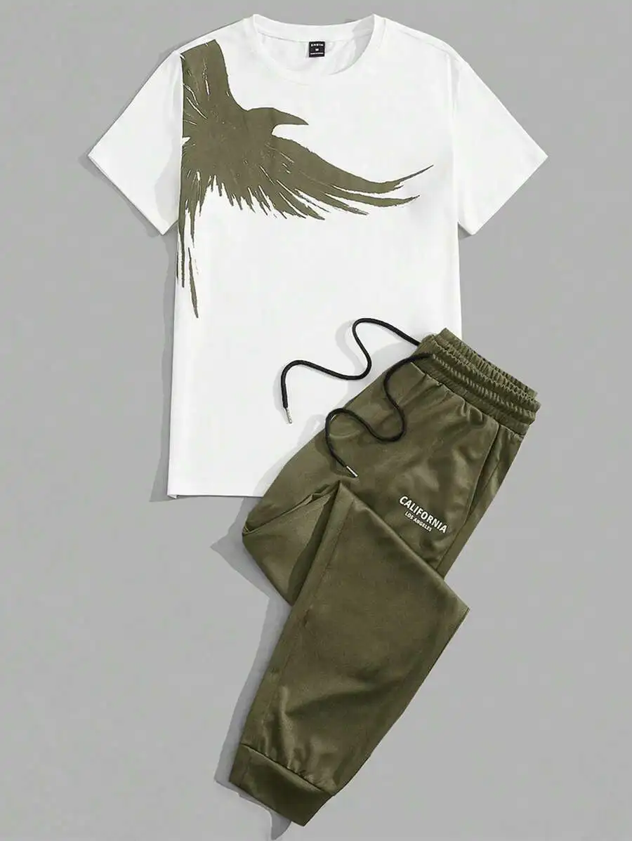 

Мужской повседневный комплект из 2 предметов: белая футболка с коротким рукавом и принтом птицы + оливковые джоггеры на шнурке