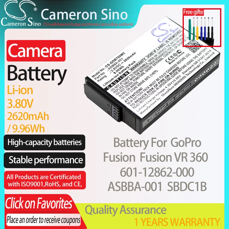 CameronSino Battery for GoPro Fusion Fusion VR 360 fits GoPro 601-12862-000 ASBBA-001 SBDC1B camera battery 2620mAh/9.96Wh 3.80V