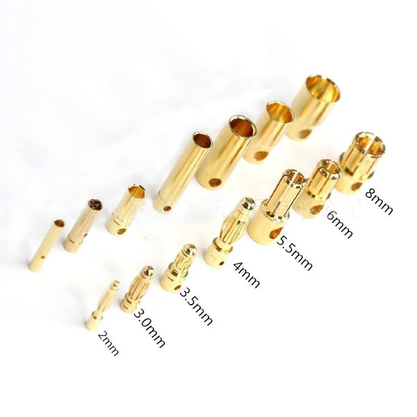 Enchufe Banana de bala chapado en oro, conector macho y hembra, Kits de enchufes de batería para piezas de batería RC DIY, 2mm, 3mm, 3,5mm, 4mm